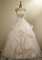 Beaded Halter Organza A-Line Wedding Dress with Long Skirt BM bride