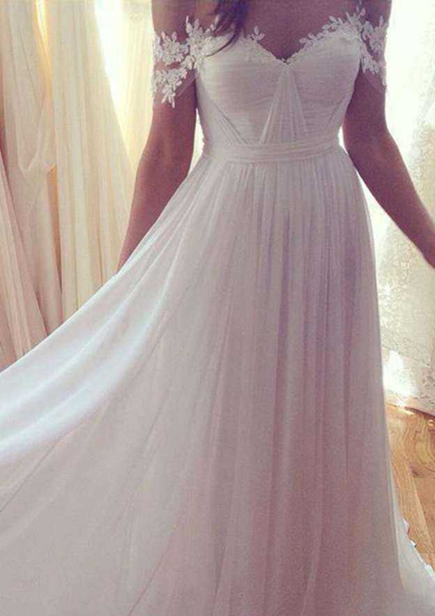Elegant Appliqued Tulle A-Line Wedding Dress with Off-the-Shoulder Neckline and Sweep Train BM bride