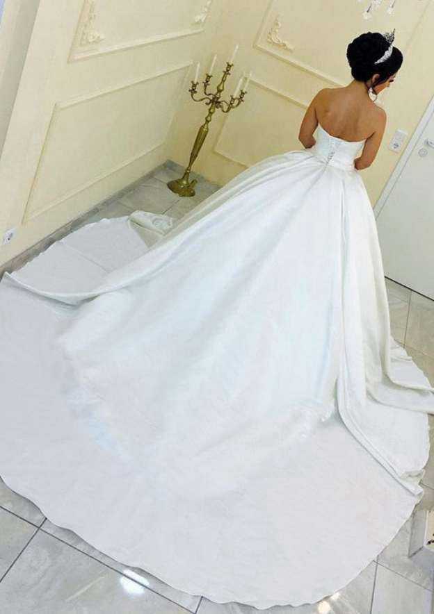 Strapless Ball Gown Wedding Dress with Court Train and Elastic Satin Fabric BM bride