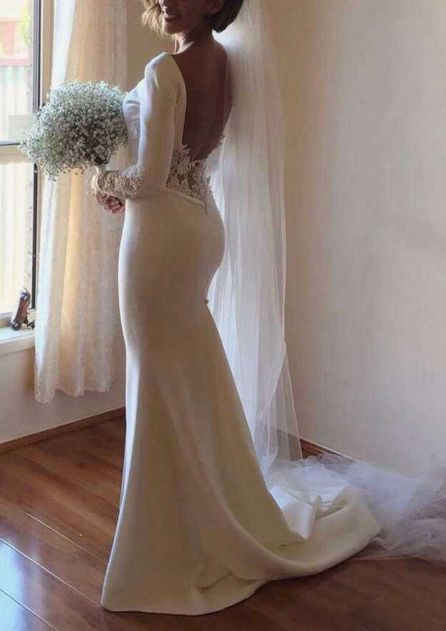 Elegant Lace Trumpet/Mermaid Wedding Dress with Bateau Neckline and Court Train BM bride