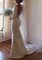 Elegant Lace Trumpet/Mermaid Wedding Dress with Bateau Neckline and Court Train BM bride