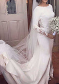 Elegant Lace Trumpet/Mermaid Wedding Dress with Bateau Neckline and Court Train BM bride
