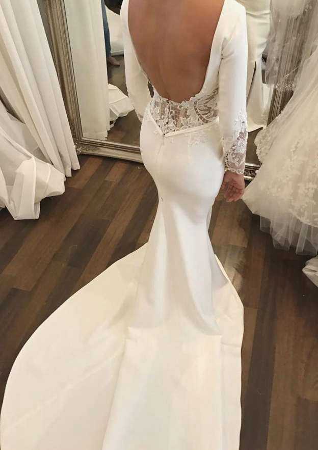 Elegant Lace Trumpet/Mermaid Wedding Dress with Bateau Neckline and Court Train BM bride