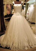 Classic Square Neckline Lace A-Line Wedding Dress with Court Train BM bride