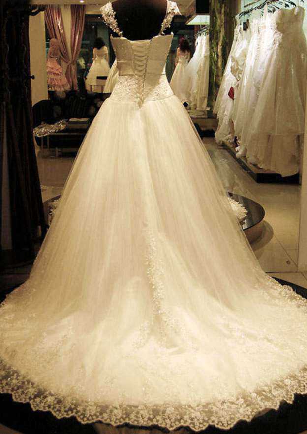 Classic Square Neckline Lace A-Line Wedding Dress with Court Train BM bride
