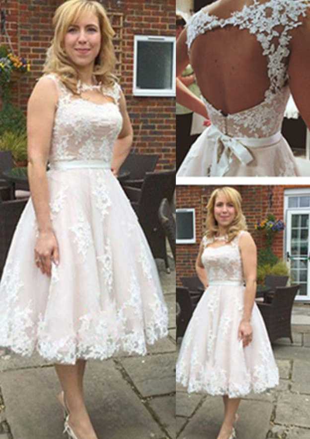 Charming Tea-Length Lace Wedding Dress with Bateau Neckline and Lovely Sashes in A-Line/Princess Fit BM bride