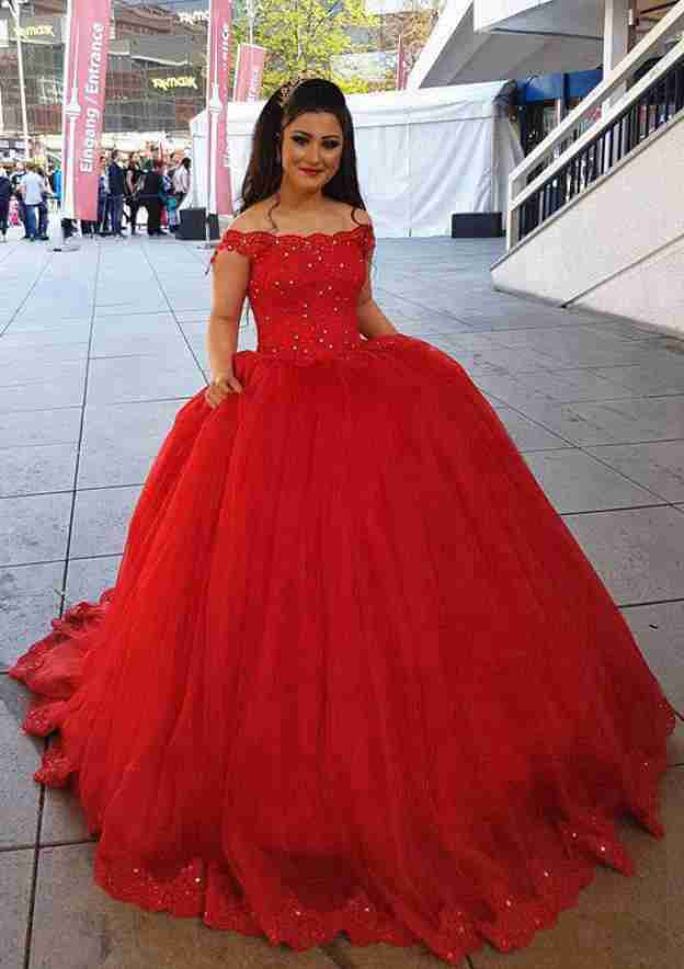 Elegant Off-the-Shoulder Court Train Lace Wedding Dress with Beaded Accents in Ball Gown Silhouette BM bride