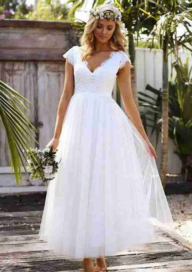 Graceful Lace V-Neck Tulle A-Line/Princess Ankle-Length Wedding Dress BM bride