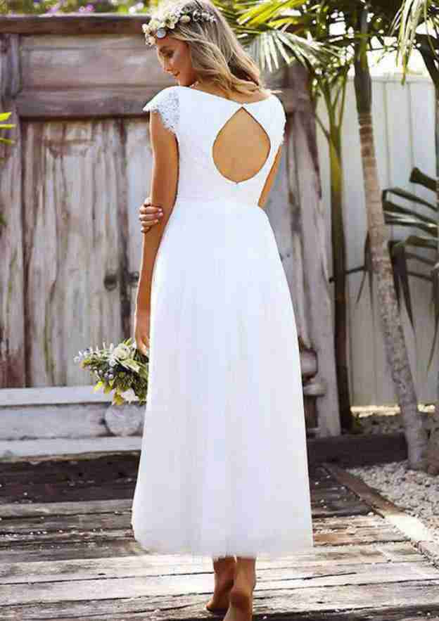 Graceful Lace V-Neck Tulle A-Line/Princess Ankle-Length Wedding Dress BM bride
