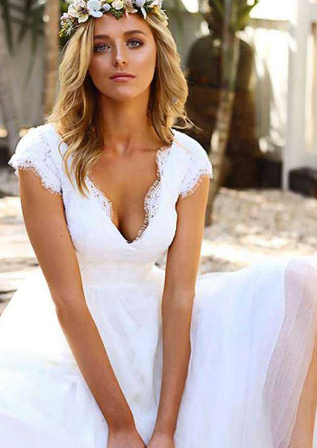 Graceful Lace V-Neck Tulle A-Line/Princess Ankle-Length Wedding Dress BM bride