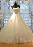 Beaded Strapless Lace Wedding Dress with Appliqueds and Chapel Train BM bride