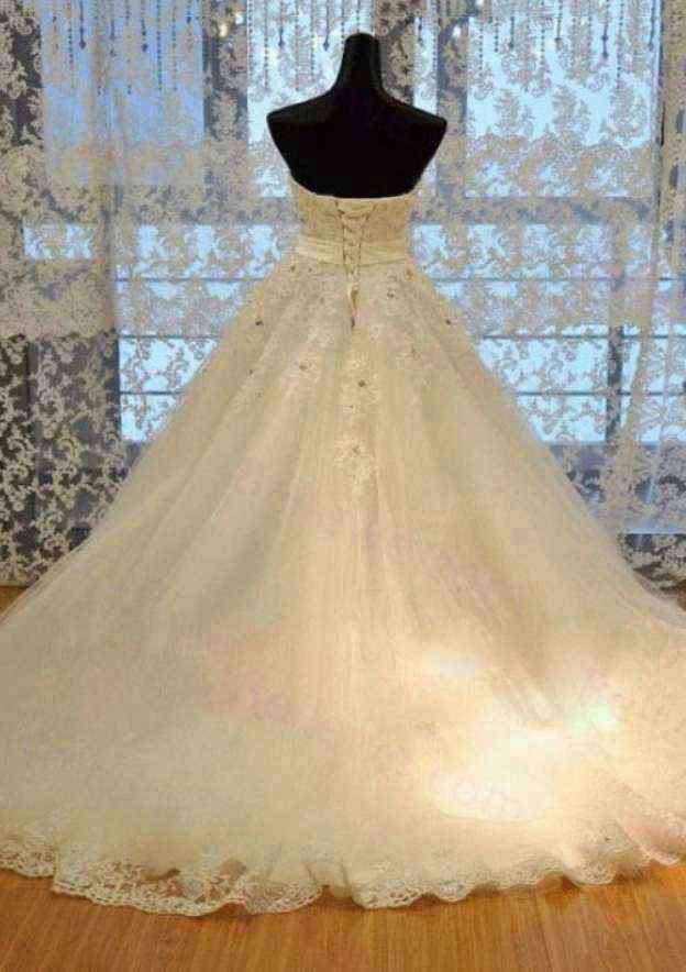 Beaded Strapless Lace Wedding Dress with Appliqueds and Chapel Train BM bride