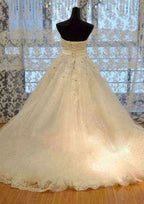 Beaded Strapless Lace Wedding Dress with Appliques and Chapel Train BM bride