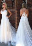Refined Tulle A-Line/Princess Bateau Sweep Train Wedding Dress with Lace and Beaded Waistband BM bride
