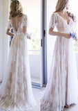 Elegant Lace A-Line/Princess Wedding Dress with V-Neck and Court Train BM bride