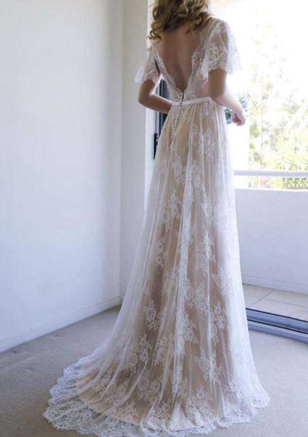Elegant Lace A-Line/Princess Wedding Dress with V-Neck and Court Train BM bride