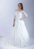 Lovely Lace Tulle Ball Gown Wedding Dress with Off-the-Shoulder Neckline and Sweep Train BM bride