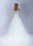 Lovely Lace Tulle Ball Gown Wedding Dress with Off-the-Shoulder Neckline and Sweep Train BM bride