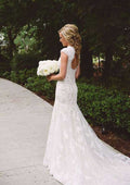 Charming Lace Sheath/Column Wedding Dress with Scoop Neck and Court Train BM bride