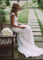Charming Lace Sheath/Column Wedding Dress with Scoop Neck and Court Train BM bride