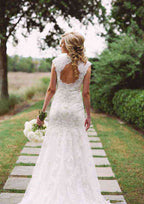 Charming Lace Sheath/Column Wedding Dress with Scoop Neck and Court Train BM bride