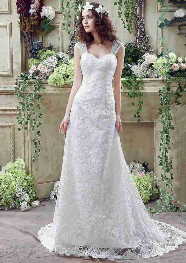Sweetheart Lace A-Line Wedding Dress with Court Train BM bride