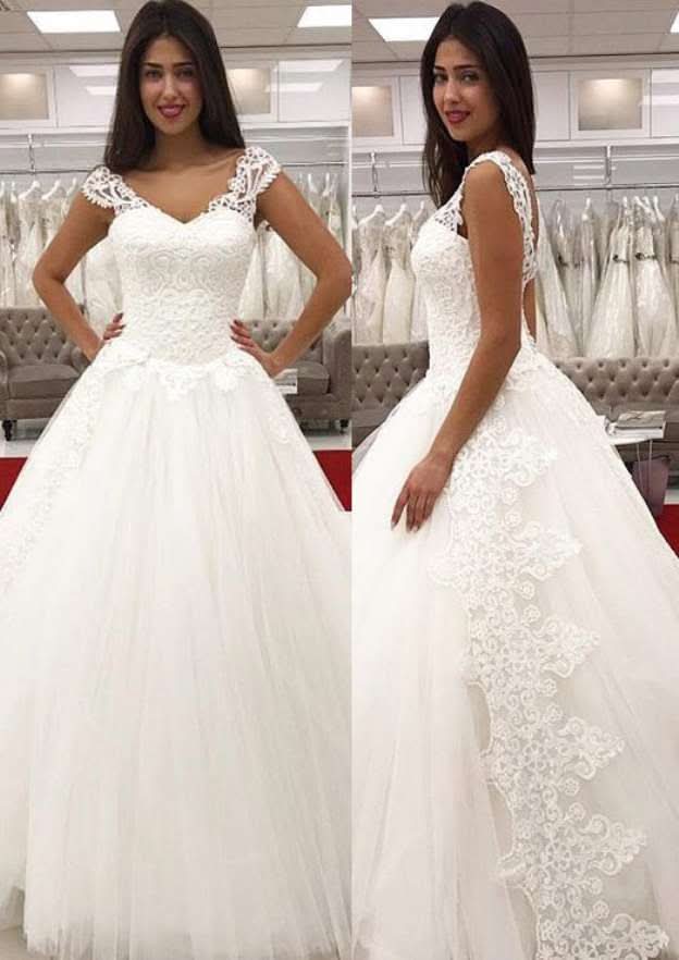 Beautiful Lace Trimmed V-Neck Tulle Ball Gown Wedding Dress with Long/Floor-Length Skirt BM bride