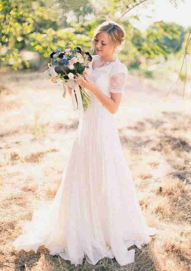 Classic A-Line/Princess Chiffon Wedding Dress with V-Neckline and Lace Sweep Train BM bride