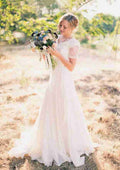 Classic A-Line/Princess Chiffon Wedding Dress with V-Neckline and Lace Sweep Train BM bride