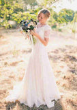 Classic A-Line/Princess Chiffon Wedding Dress with V-Neckline and Lace Sweep Train BM bride