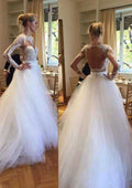 Lace A-Line/Princess Wedding Dress with Bateau Neckline, Court Train, and Tulle Fabric BM bride