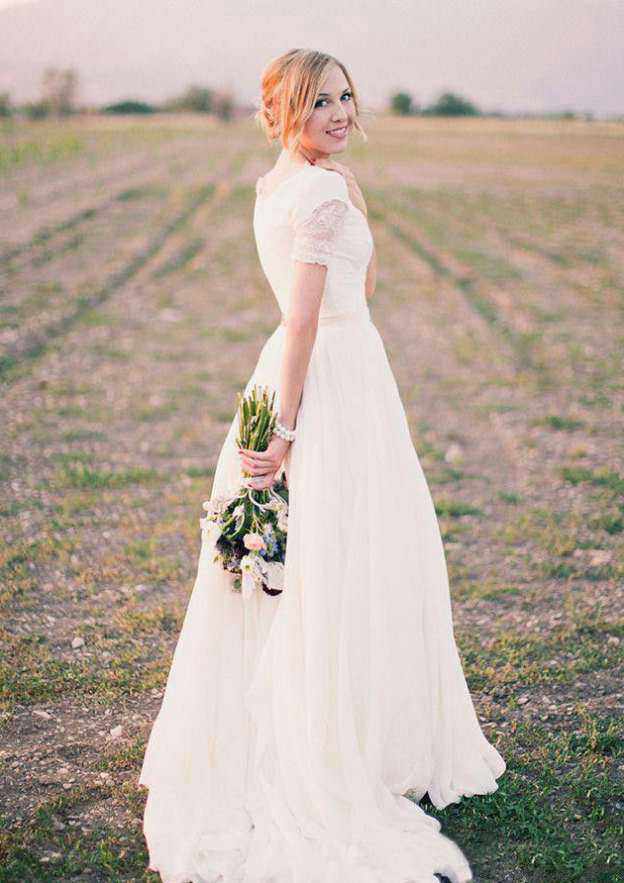 Classic A-Line/Princess Chiffon Wedding Dress with V-Neckline and Lace Sweep Train BM bride