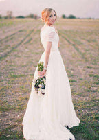 Classic A-Line/Princess Chiffon Wedding Dress with V-Neckline and Lace Sweep Train BM bride