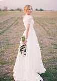 Classic A-Line/Princess Chiffon Wedding Dress with V-Neckline and Lace Sweep Train BM bride