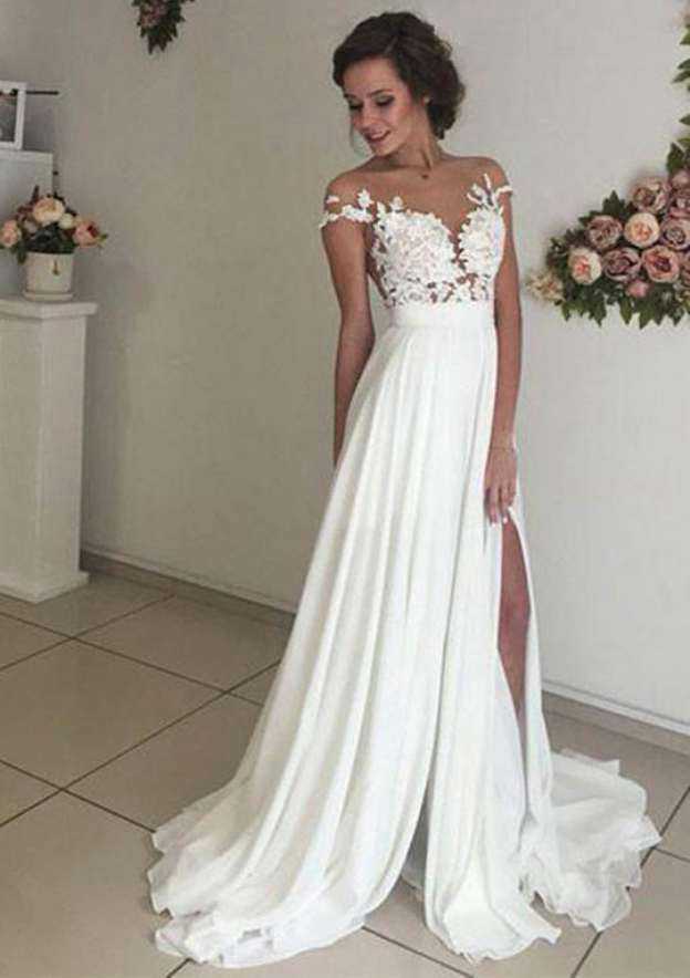 Romantic Chiffon Sweep Train A-Line/Princess Sleeveless Sweetheart Wedding Dress with Covered Button and Appliqued BM bride