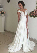 Romantic Chiffon Sweep Train A-Line/Princess Sleeveless Sweetheart Wedding Dress with Covered Button and Appliqued BM bride