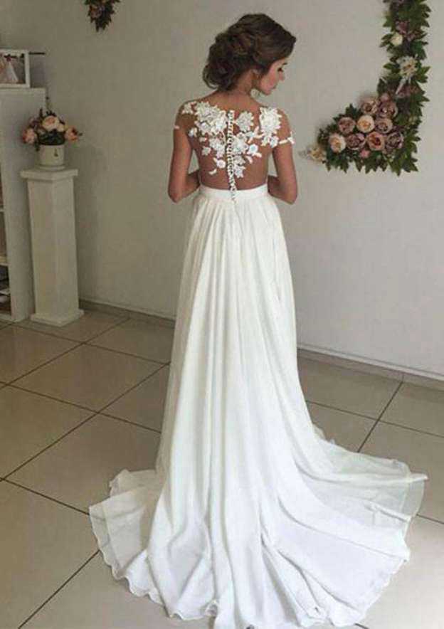 Romantic Chiffon Sweep Train A-Line/Princess Sleeveless Sweetheart Wedding Dress with Covered Button and Appliqued BM bride