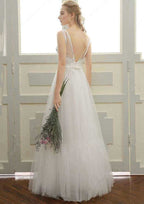 Elegant A-Line/Princess Tulle Wedding Dress with Bateau Neckline and Long/Floor-Length Skirt with Lace Waistband BM bride