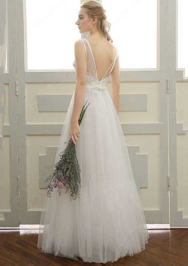 Elegant A-Line/Princess Tulle Wedding Dress with Bateau Neckline and Long/Floor-Length Skirt with Lace Waistband BM bride