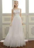 Elegant A-Line/Princess Tulle Wedding Dress with Bateau Neckline and Long/Floor-Length Skirt with Lace Waistband BM bride
