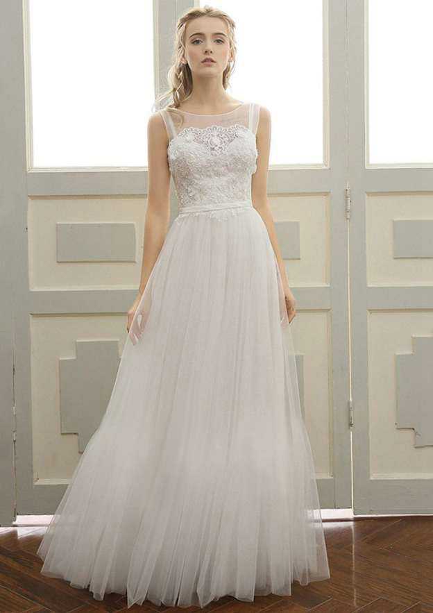 Elegant A-Line/Princess Tulle Wedding Dress with Bateau Neckline and Long/Floor-Length Skirt with Lace Waistband BM bride