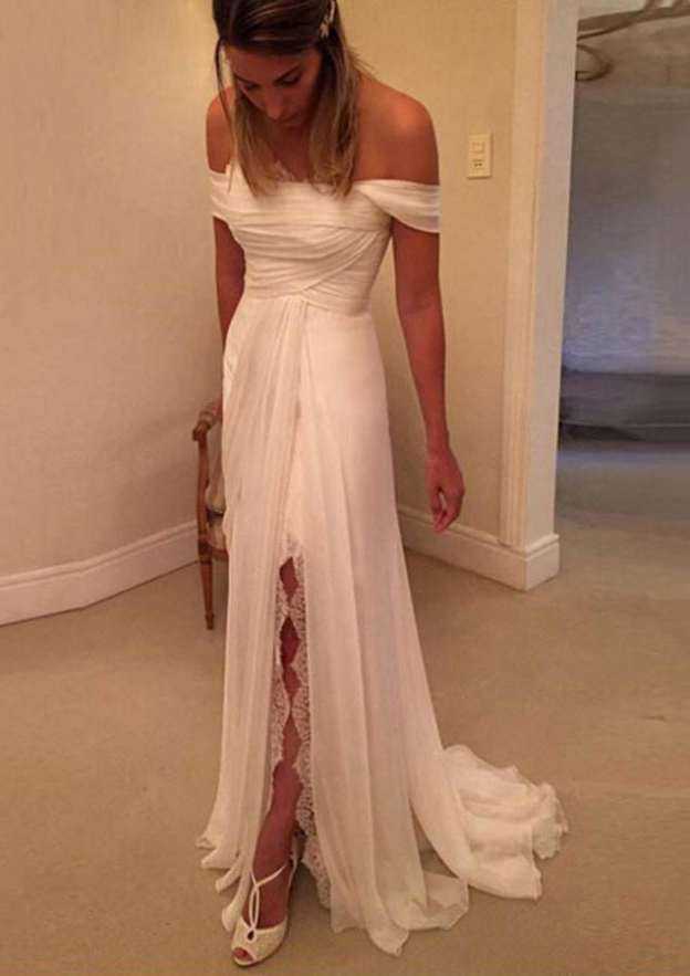 Pleated Off-The-Shoulder Chiffon A-Line/Princess Wedding Dress with Sweep Train BM bride