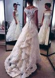 Stylish Off-the-Shoulder Short Sleeve A-Line/Princess Lace Asymmetrical Wedding Dress with Covered Button and Appliques BM bride