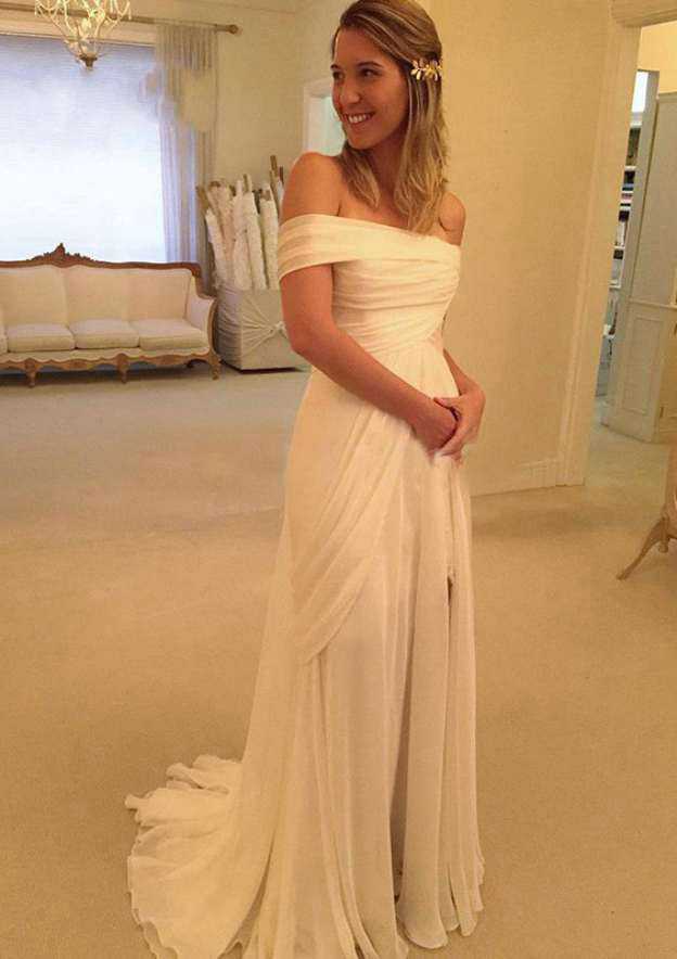 Pleated Off-The-Shoulder Chiffon A-Line/Princess Wedding Dress with Sweep Train BM bride