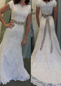 Graceful Sheath/Column Lace Wedding Dress with Bateau Neckline, Waistband, and Court Train BM bride