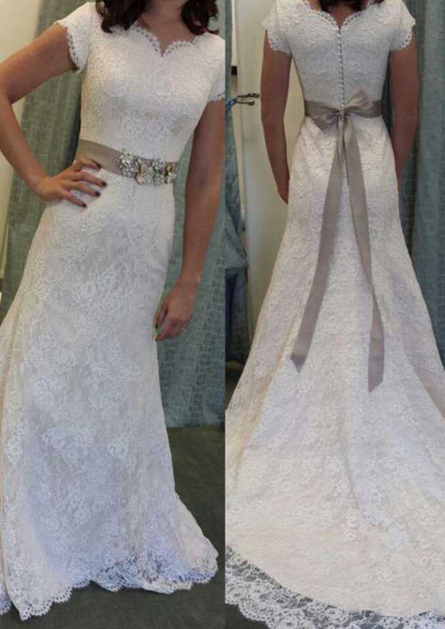 Graceful Sheath/Column Lace Wedding Dress with Bateau Neckline, Waistband, and Court Train BM bride