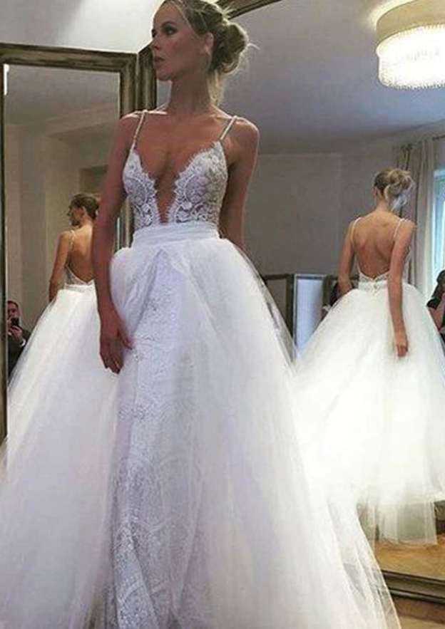 Charming Ankle-Length A-Line/Princess Tulle Wedding Dress with Sleeveless V-Neck and Appliqued Zipper Closure BM bride