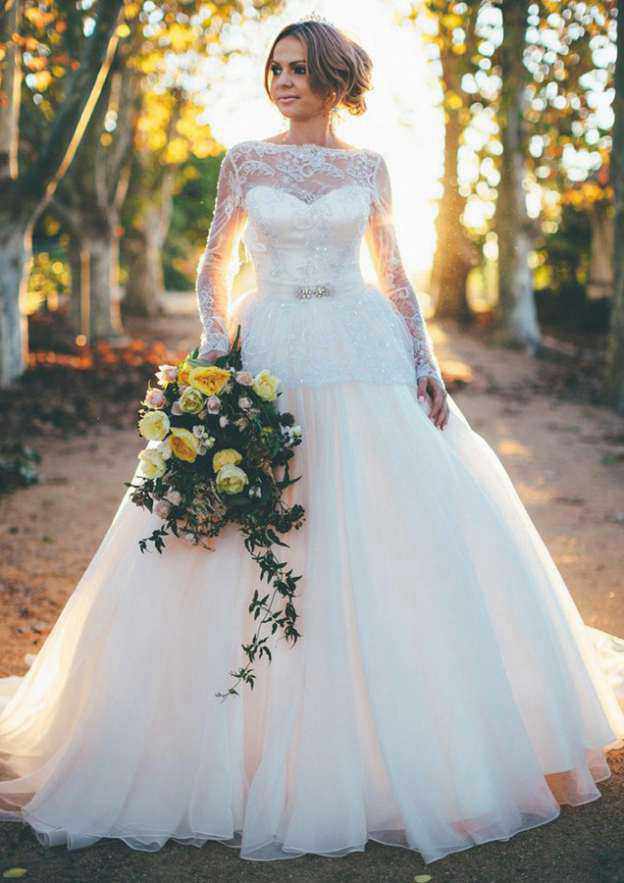 Sophisticated Organza Sweep Train A-Line/Princess Wedding Dress: Full Long Sleeve with Bateau Neck and Beaded Appliqued BM bride