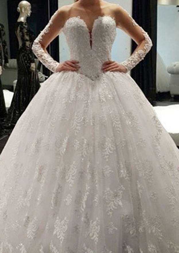 Beautiful Ball Gown Tulle Court Train Wedding Dress with Full/Long Sleeve Sweetheart Design and Applique Crystal Detailing BM bride