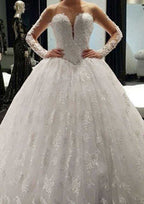Beautiful Ball Gown Tulle Court Train Wedding Dress with Full/Long Sleeve Sweetheart Design and Applique Crystal Detailing BM bride